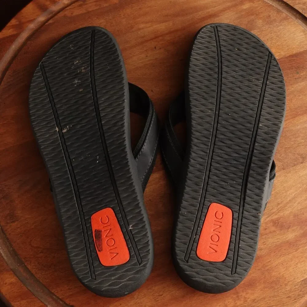 Vionic Sandals Mens Size 14 BLK Tide Leather Thong Flip Flop Comfort Beach Shoes